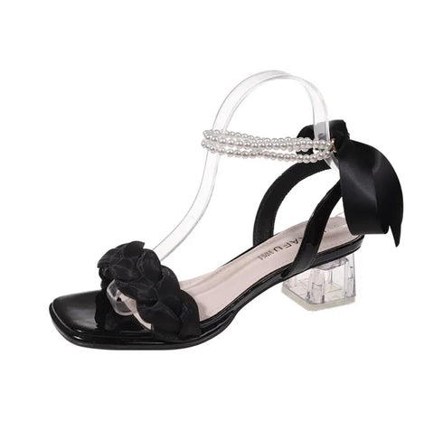 Ladies Aesthetic Slid On Pearl And Ribbons Straps Heels